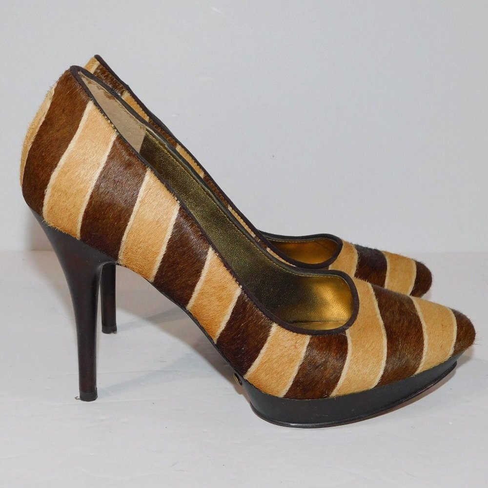 Nine West Brown Tan Striped Animal Print Hair Platform Heels Womens 6 / 6M